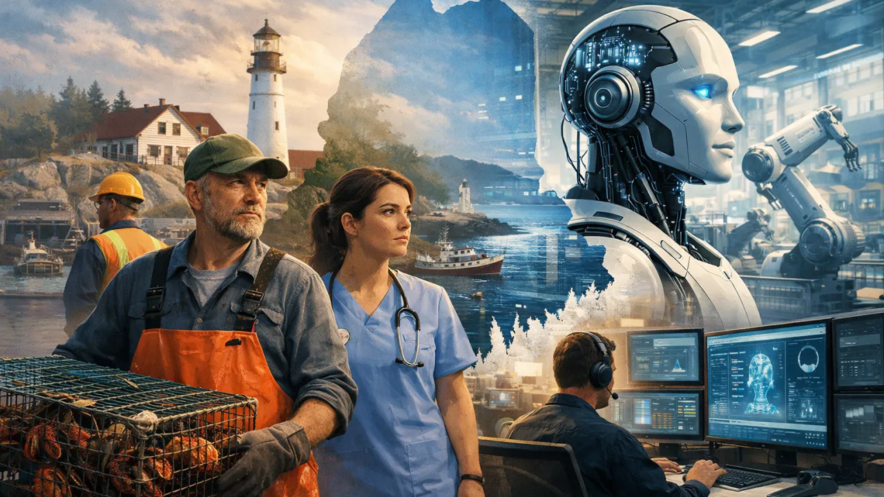 Illustration showing artificial intelligence concepts related to jobs and economy in Maine