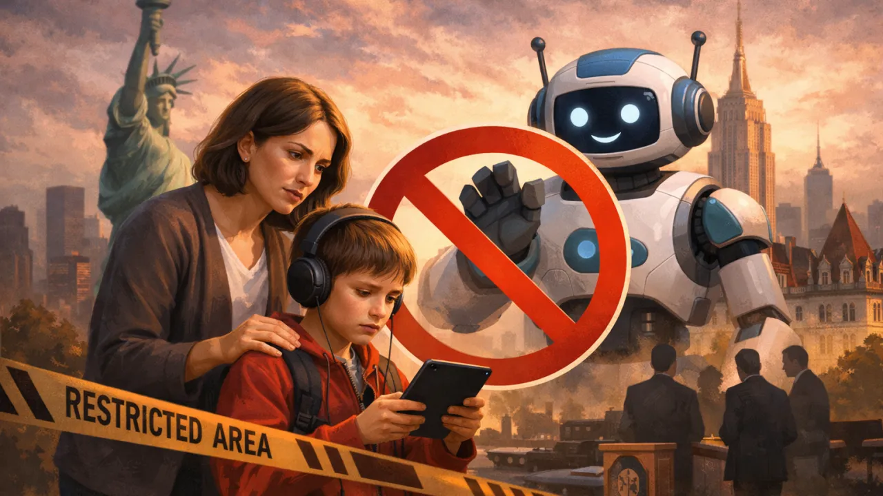 Child interacting safely with AI chatbot on a digital device